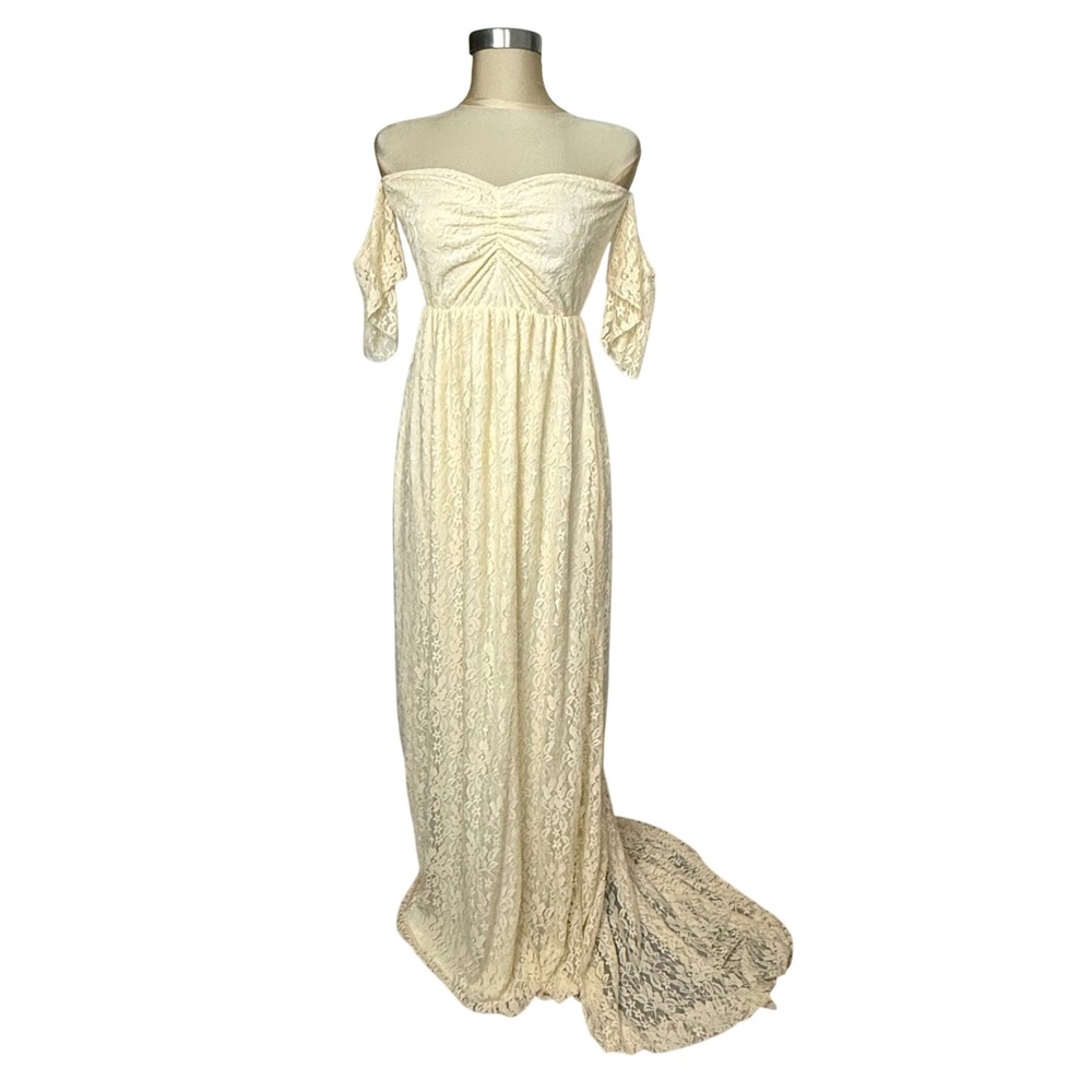 Cream Lace Off Shoulder Maternity Maxi Dress Size Medium Boho Wedding Photoshoot